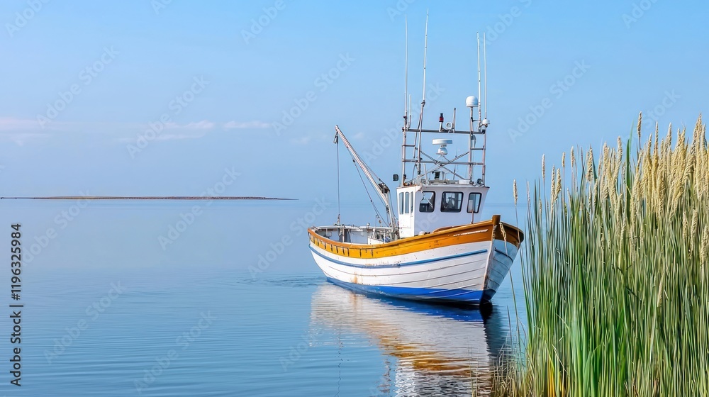 A fishing boat anchored in calm waters with tall reeds nearby. A fishing boat anchored in calm waters with tall reeds nearby.