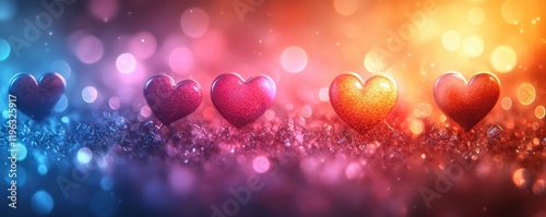 Colorful hearts on a Valentine's Day background evoking romance and joy. photo