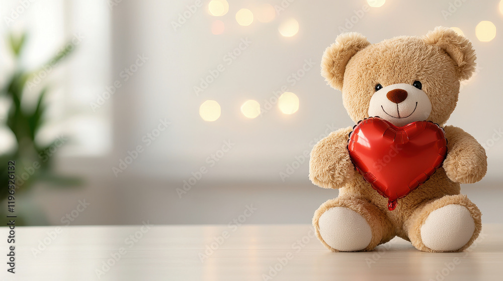 Fototapeta premium cute teddy bear holding heart shaped balloon, symbolizing love and affection. This adorable plush toy is perfect for gifts and celebrations