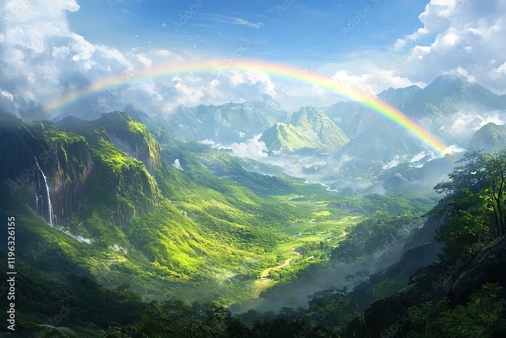 Obraz premium Rainbow's Embrace: Vibrant Arc over Lush Green Mountain Peak sky sun arch view calm hope hills image