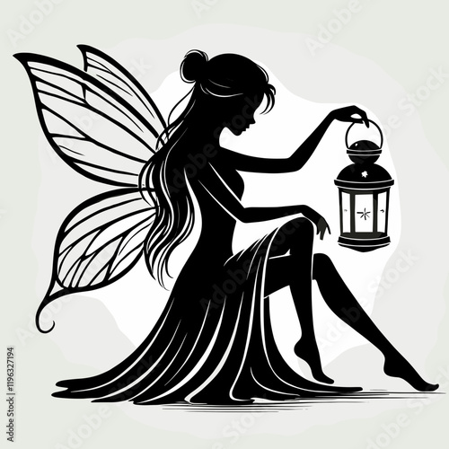 Silhouette of a Fairy Holding a Lantern with Delicate Wings on Light Background