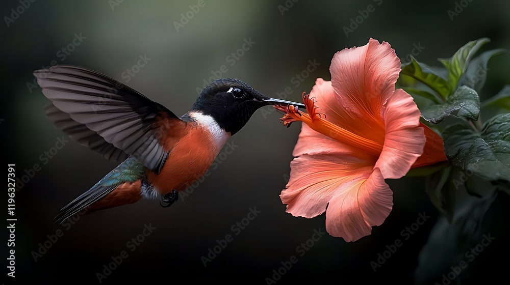 Fototapeta premium A vibrant hummingbird hovering near a blooming hibiscus flower in a lush garden setting