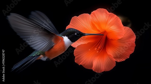 A vibrant hummingbird hovering near a bright orange hibiscus flower against a dark backdrop photo