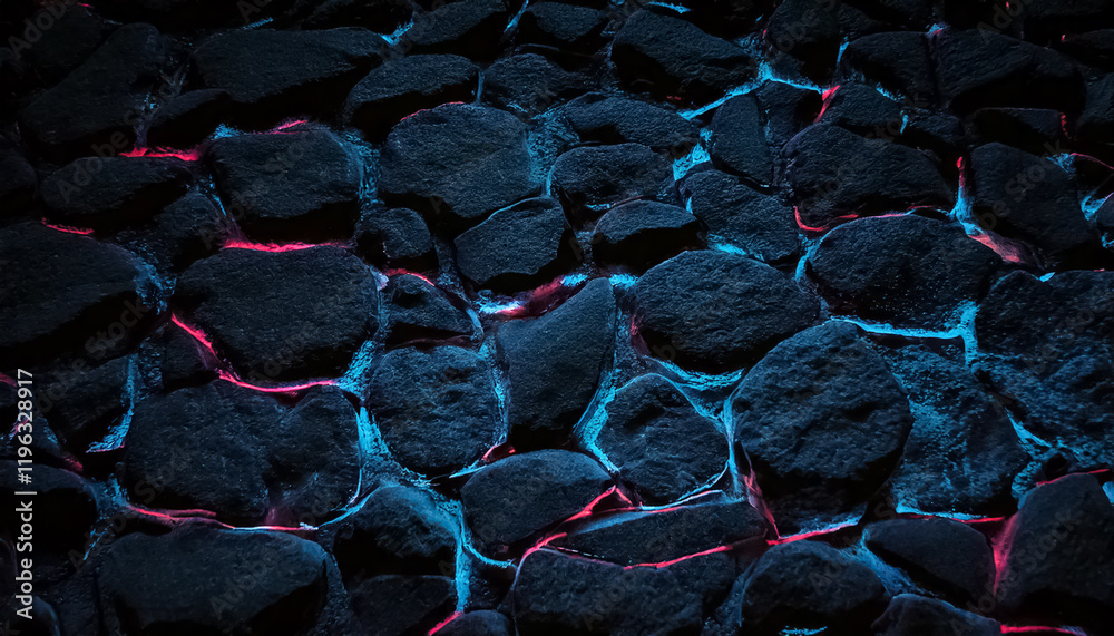 Obraz premium black rock and blue neon rock floor texture, black background