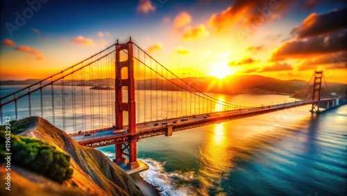 San Francisco's iconic bridge ablaze at sunset, a charming miniature panorama.