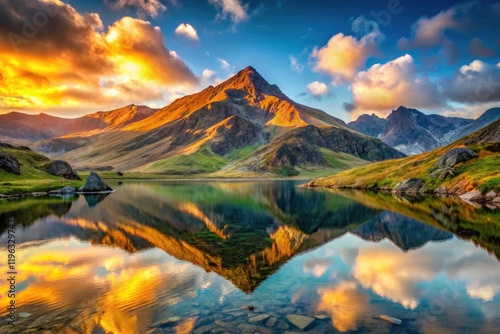Snowdonia's summit glows, a serene lake reflecting the sunrise's embrace on its tranquil surface.