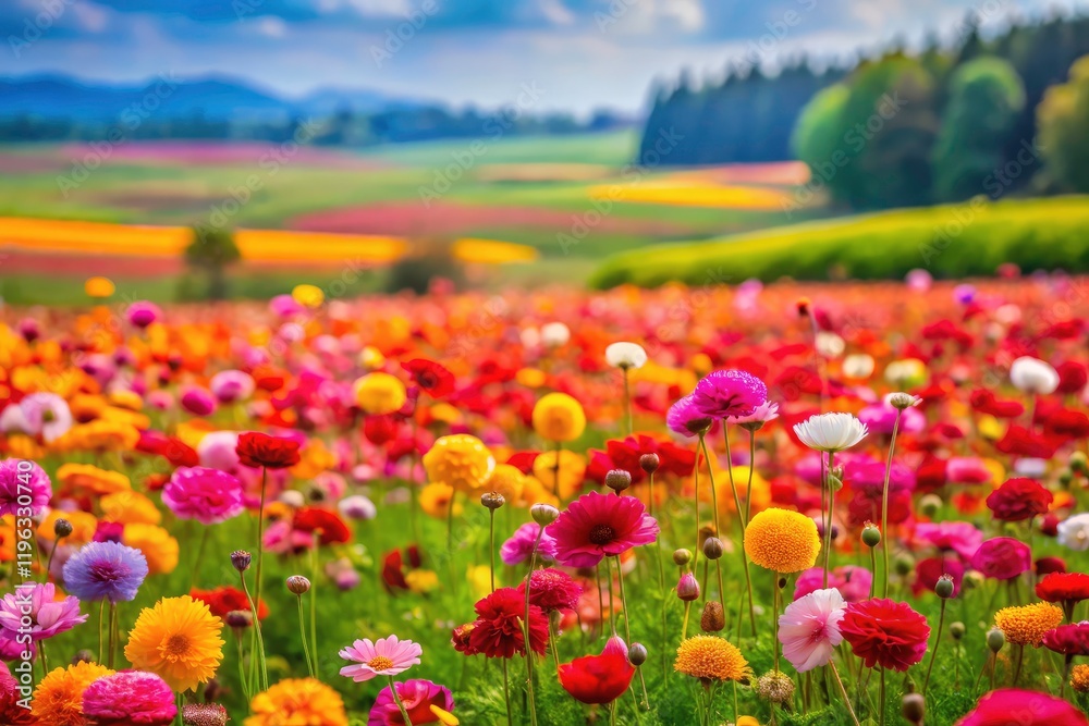 Tilt-shift magic transforms a blooming flower field into a charming miniature world, a vibrant photographic masterpiece. Tilt-shift magic transforms a blooming flower field into a charming miniature world, a vibrant photographic masterpiece.