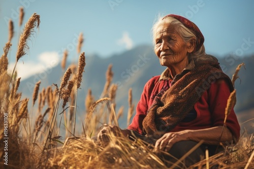 Nepalese senior woman nature field adult.