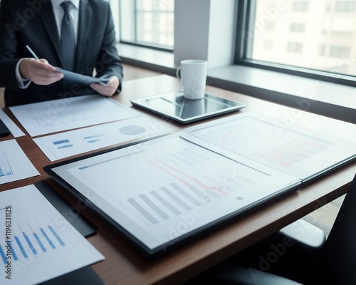 Businessman working on project for SWOT analysis of company financial report balance with augmented reality graphics in modern office