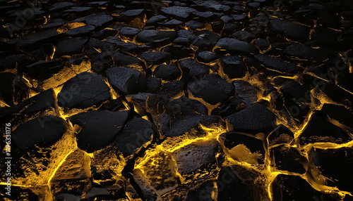 black rock and yellow neon rock floor texture, black background