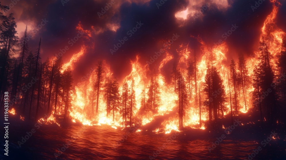 Dramatic Depiction of Wildfire Devastating Forest and Landscape Dramatic Depiction of Wildfire Devastating Forest and Landscape