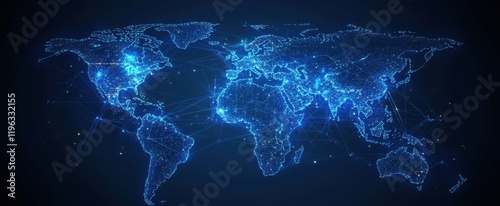 Global network connections, dark background, data visualization, world map