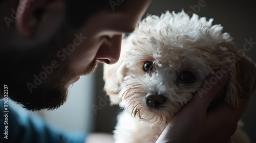 3.A warm and intimate moment of a man brushing a Maltipoo puppy's soft fur, with the puppy's expressive eyes and curled tail in sharp focus while soft bristles glide through its hair. photo