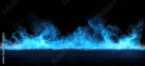 Blue fire flames ground effect, dark background, VFX