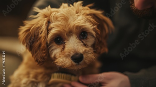 Wallpaper Mural 3.A warm and intimate moment of a man brushing a Maltipoo puppy's soft fur, with the puppy's expressive eyes and curled tail in sharp focus while soft bristles glide through its hair. Torontodigital.ca