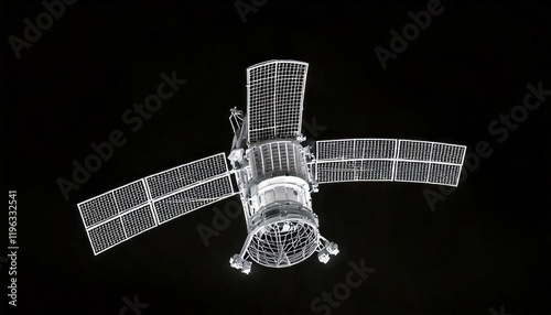  white neon light satellite, black background
