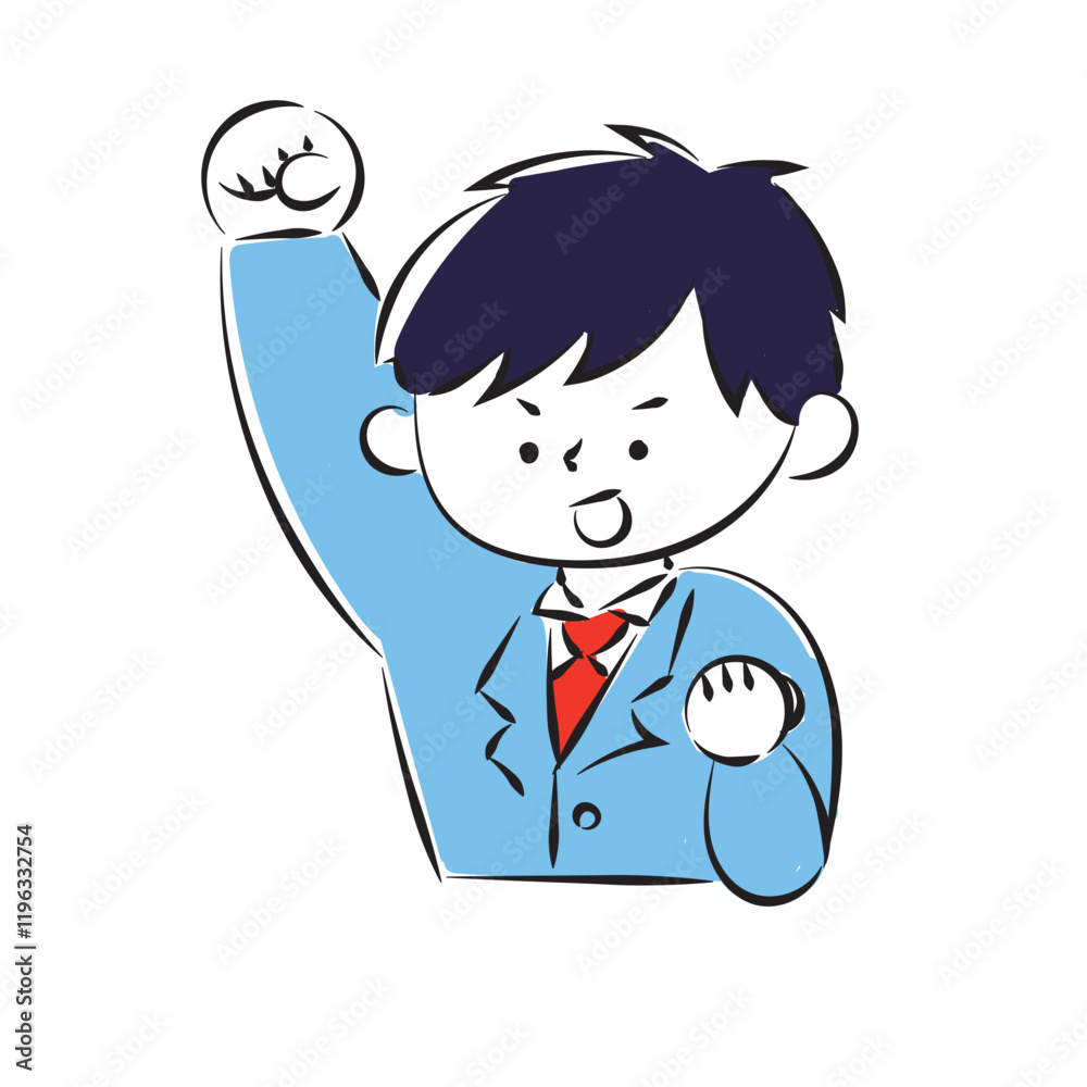 Simple hand-drawn illustration of a male student wearing a blazer and posing with guts. Simple hand-drawn illustration of a male student wearing a blazer and posing with guts.
