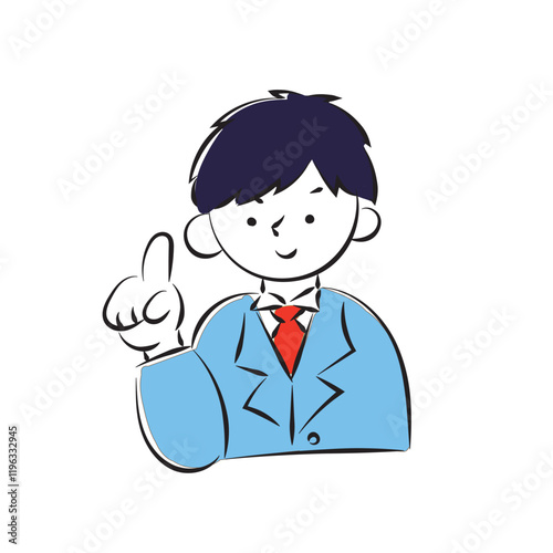 Simple hand-drawn illustration of a male student in a blazer raising his index finger.