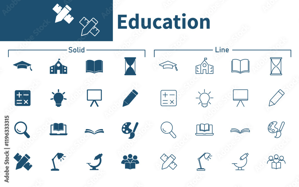 Education icon. Set of solid vector icons about teaching, knowledge, learning, school. Education icon. Set of solid vector icons about teaching, knowledge, learning, school.