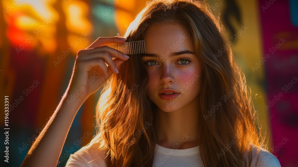 Fototapeta premium 24.A serene portrait of a young woman grooming her long hair with a comb, with soft light illuminating her hair against a strikingly colorful background that complements her natural beauty.