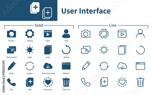 Set of user interface design icons. Solid and outline vector icons.