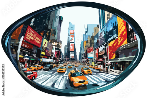 clean 2D vector of a busy city boulevard, framed in an abstract curved shape.


