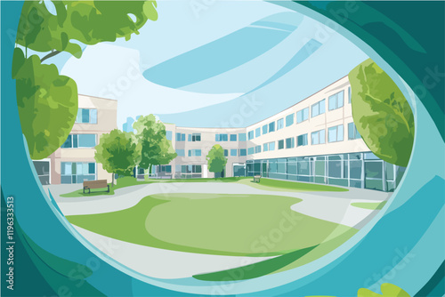 vector of an urban school yard, framed inside a soft wavy circular outline.


