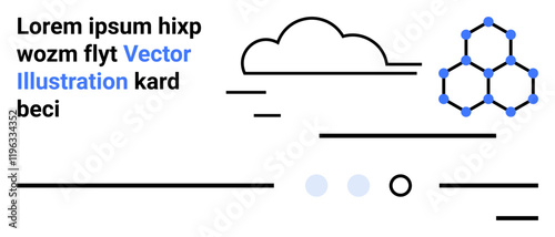 Cloud outline, hexagonal pattern with blue nodes, abstract lines, two dots, and text elements. Ideal for tech websites, data visualization, landing pages, brochures, background designs, educational
