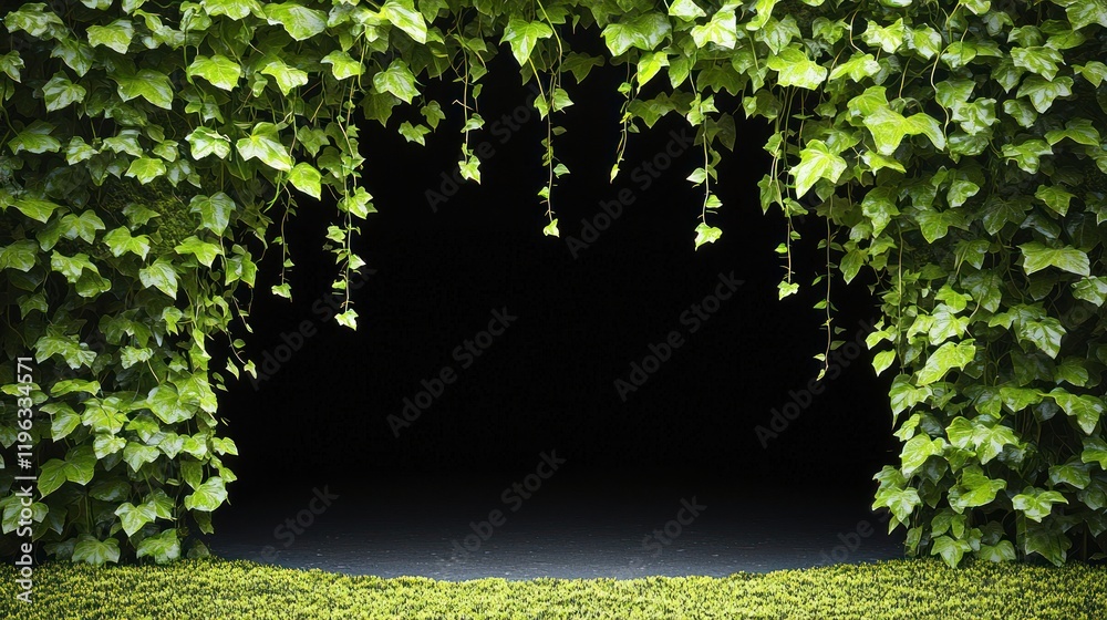 Obraz premium Lush green foliage framing a dark background for a serene atmosphere.