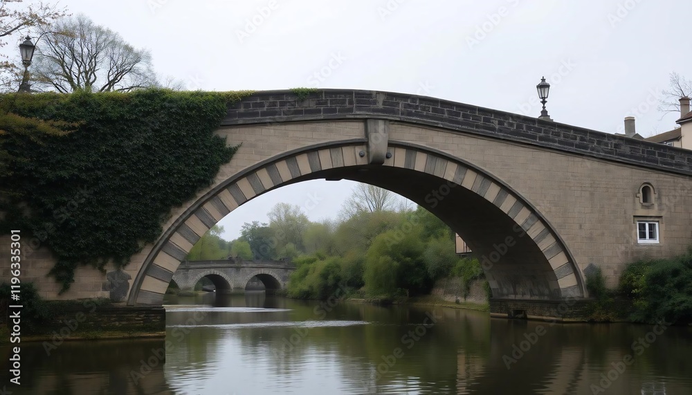 Ivy-Covered Stone Bridge Arching Over Calm River Ivy-Covered Stone Bridge Arching Over Calm River