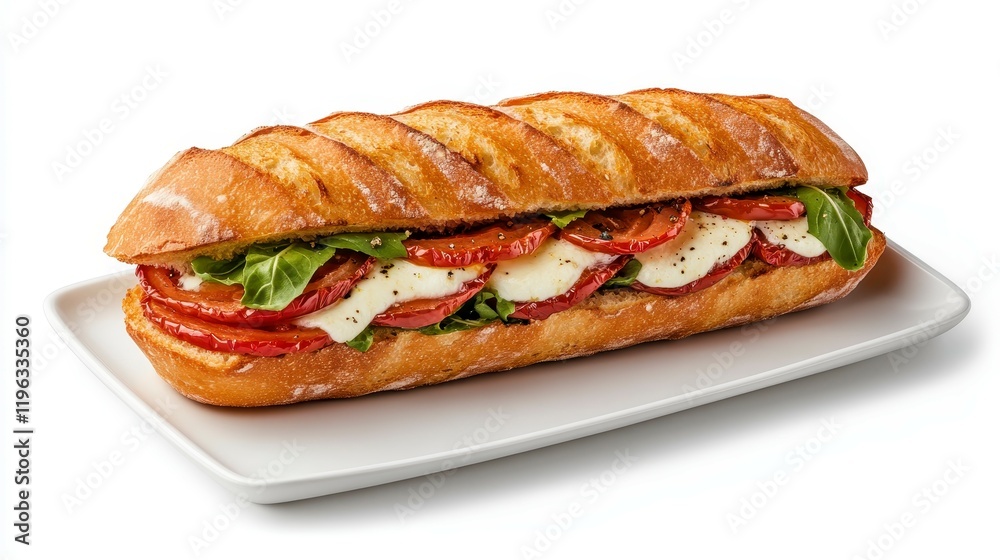 Freshly made sandwich with layers of tomatoes, mozzarella, and basil on a white plate Freshly made sandwich with layers of tomatoes, mozzarella, and basil on a white plate