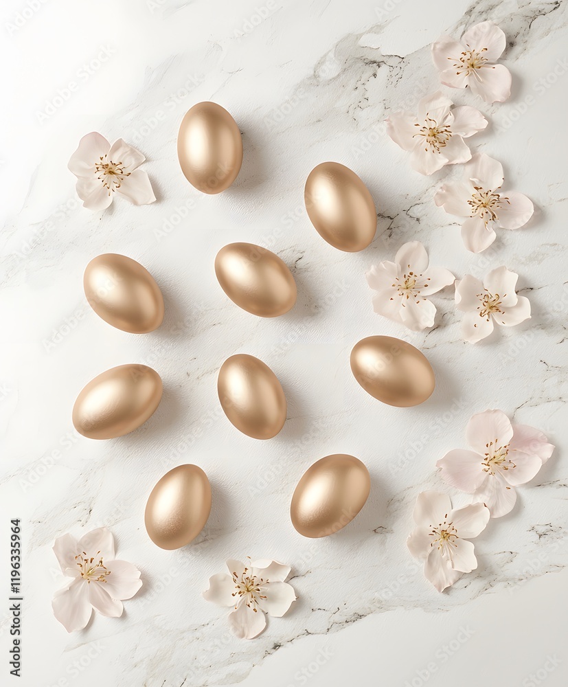 Elegant golden easter eggs on marble surface festive decoration floral elements minimalist style luxurious atmosphere Elegant golden easter eggs on marble surface festive decoration floral elements minimalist style luxurious atmosphere