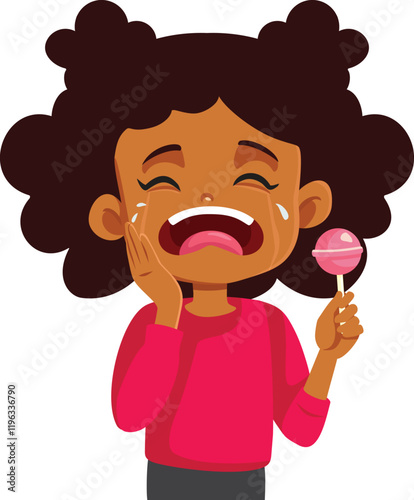 Girl Suffering Toothache Vector Unhappy Child Character. Sad unhappy child feeling in pain after eating too much sugar 
