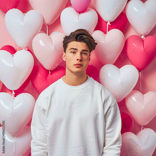 Blank T-Shirt with white color template, Minimalist White T-Shirt Couple Mockup on a Romantic Heart Balloon Background – Trendy Apparel Design Template