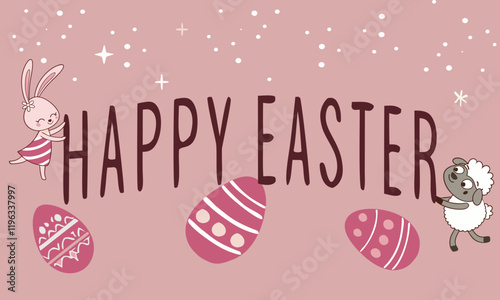 Happy Easter card with pink patterns , painted Egg, kawaii  rabbit and cute sheep. Vector illustration
