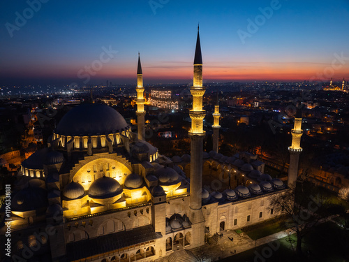 Drone Photo of Illuminated Letters (Mahya) Between Minarets in Suleymaniye Mosque, Suleymaniye Fatih, Istanbul Türkiye (Turkey)