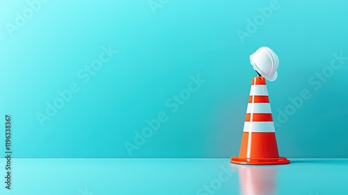 Traffic cone with white helmet, construction site safety and road work helmet photo