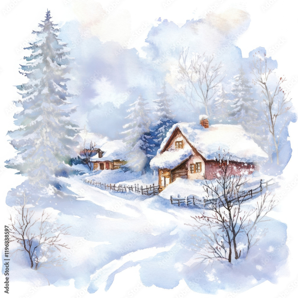 Naklejka premium Serene Winter Watercolor Landscape Illustration