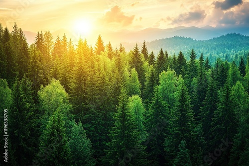 Majestic Scandinavian Forest: An Aerial Panorama of Untouched Nature sky lake trees woods green hills