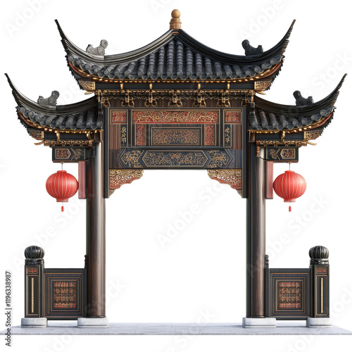 A meticulously detailed rendering of a traditional Chinese archway featuring intricate carvings, red lanterns, and a dark wood structure. photo