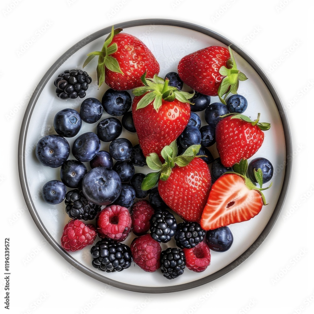 A plate of assorted berries including strawberries and blueberries, isolated white background, modern art style A plate of assorted berries including strawberries and blueberries, isolated white background, modern art style