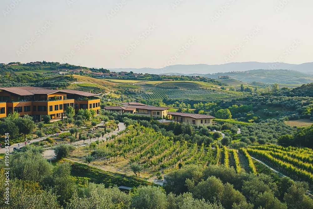 Fototapeta premium Tuscan Vineyard Panorama: Rolling Hills, Sun-Drenched Vines, Italian Countryside sky wine view rows 