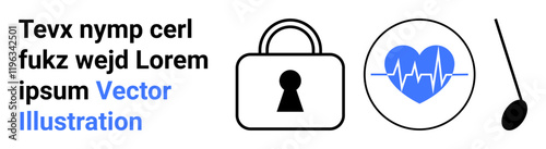 Lock icon with heart and heartbeat symbol alongside a key. Ideal for security, health, access control, protection, wellness, heartbeat monitoring, safety. Landing page