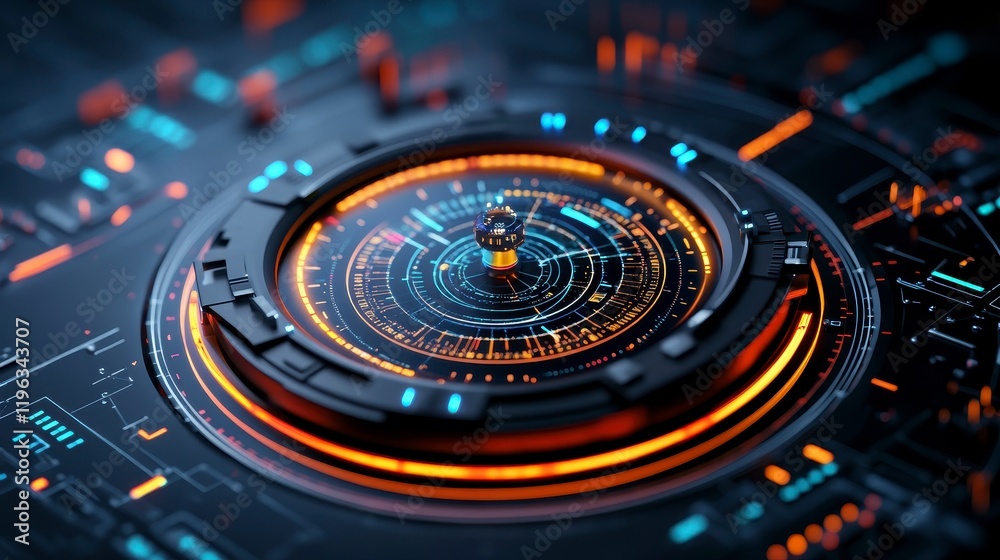Futuristic digital interface with glowing circular patterns and intricate circuitry details Futuristic digital interface with glowing circular patterns and intricate circuitry details