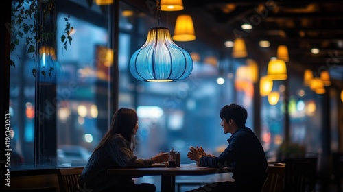 Couple dining, city night, restaurant, conversation photo