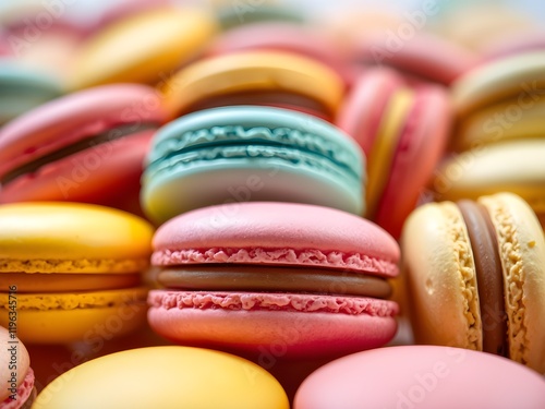 Vista de cerca de coloridos macarons franceses, que muestran vibrantes tonos pastel y texturas delicadas.