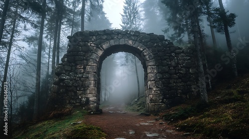 A massive ancient stone archway leading into a dense mist filled forest photo