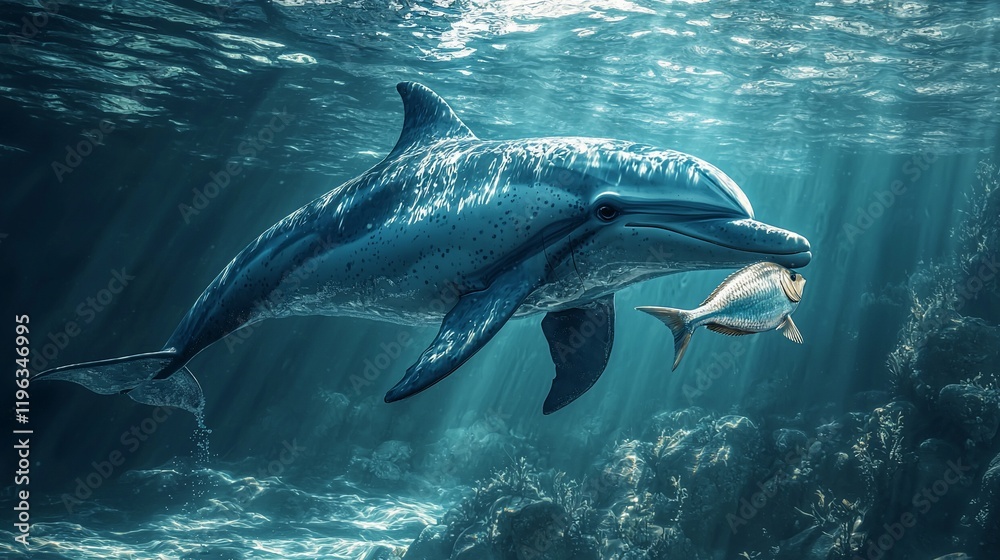 Fototapeta premium Dolphin catching fish underwater.
