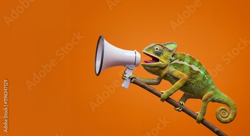 Funny Chameleon Announcing News with Megaphone Orange Background Reptile cute humor image photo green animal  