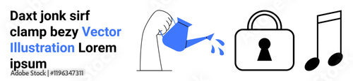 Hand pouring water from a watering can, large padlock, music note and text underlines creative and security themes. Ideal for growth, security, music, creativity, digital communication, online